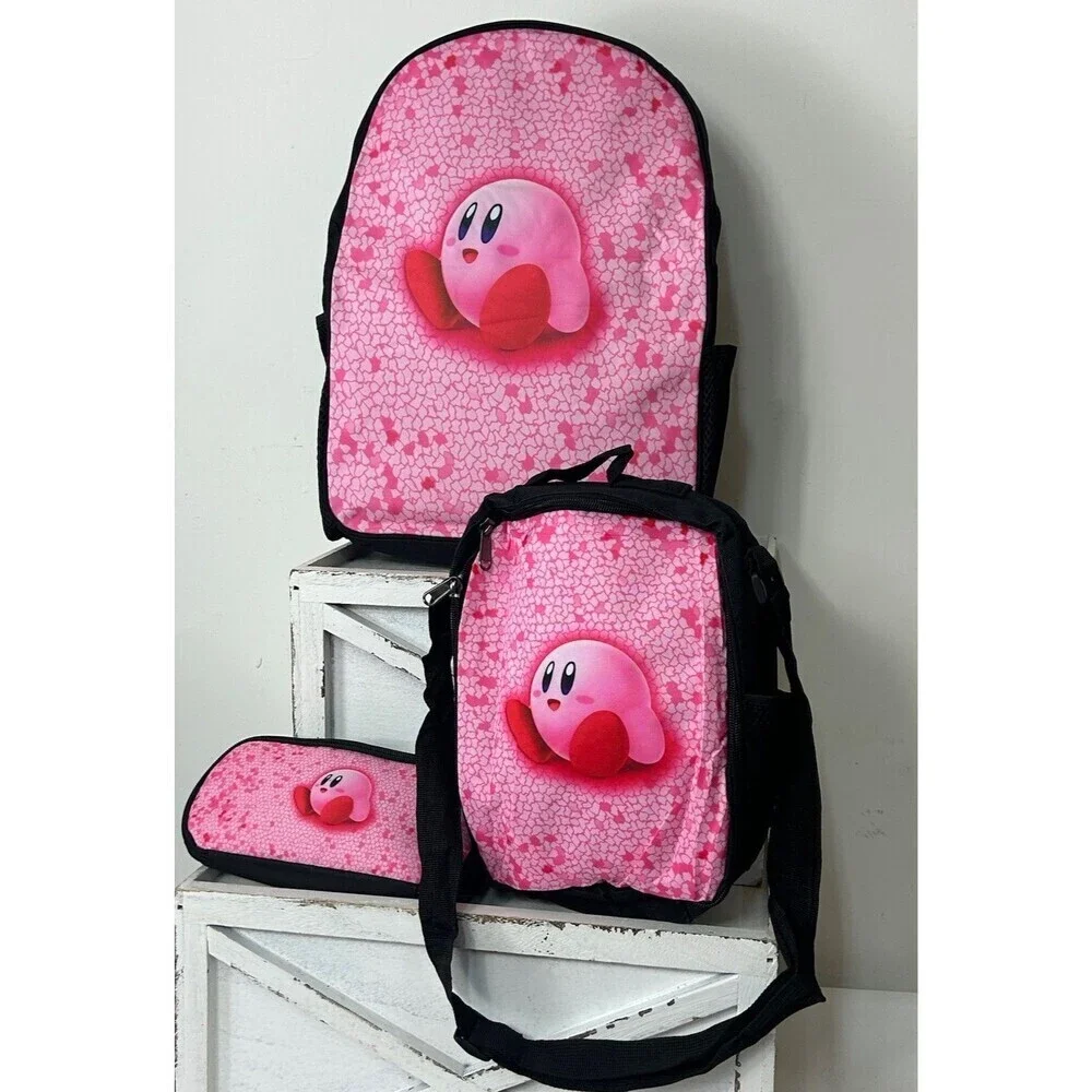 Kirby Cartoon Game Student School Backpack 3pc Set Insulated‎ Lunch Bag Pen Bag